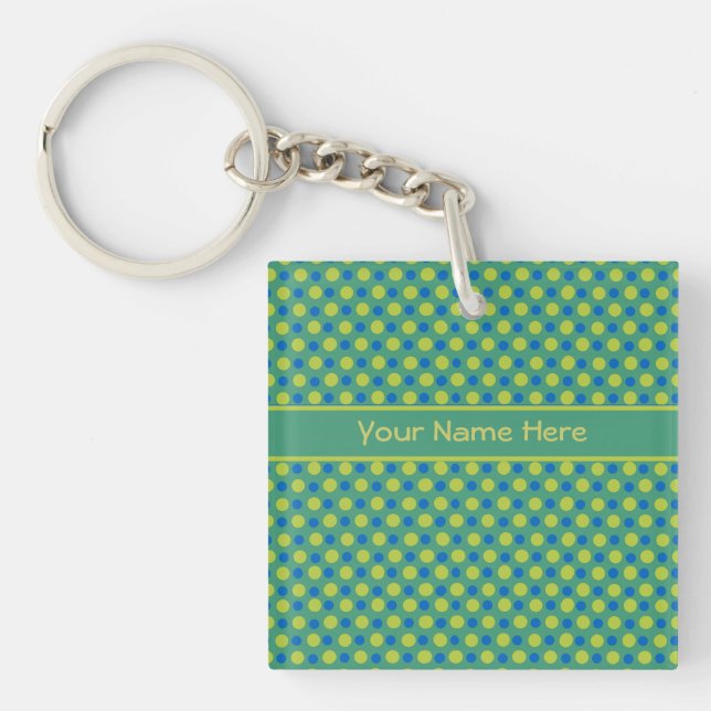 Blue and Neon Green Polka Dots on Emerald Keychain (Front)