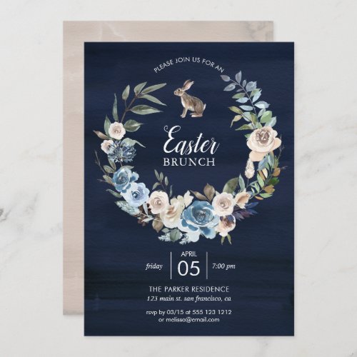 Blue and Neutral Floral Wreath  Bunny Easter Invitation