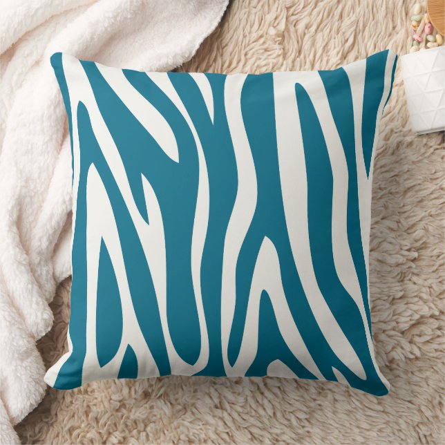 Blue and Off White Zebra Animal Print Throw Pillow (Blanket)