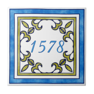 Blue and Olive Green Small House Number Ceramic Tile
