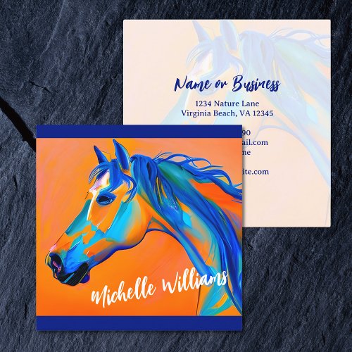 Blue and Orange Abstract Horse Art Square Business Card