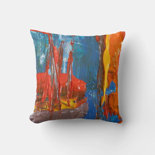Blue and Orange Abstract Painting Throw Pillow (Front)