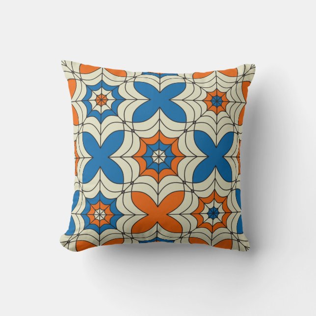Blue and Orange Abstract Spider Web Design Throw Pillow (Front)