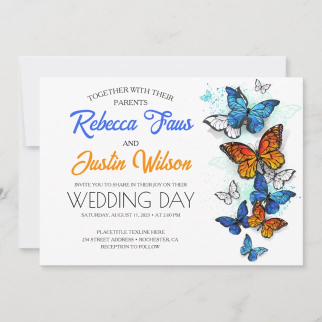 Blue and Orange Butterflies Morpho Monarch Invitation (Front)
