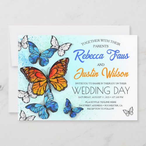 Blue and Orange Butterflies Morpho Monarch Invitation