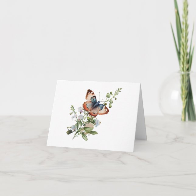 Blue and Orange Butterfly with Flower Stem BLANK  Card (Front)