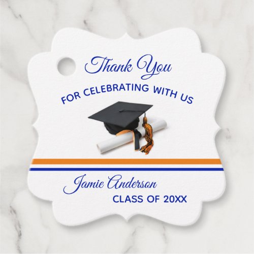 Blue and Orange Cap  Tassel  Graduation Favor Tags