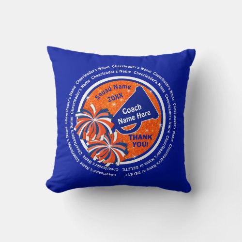 Blue and Orange Cheer Coach Presents Personalized Throw Pillow