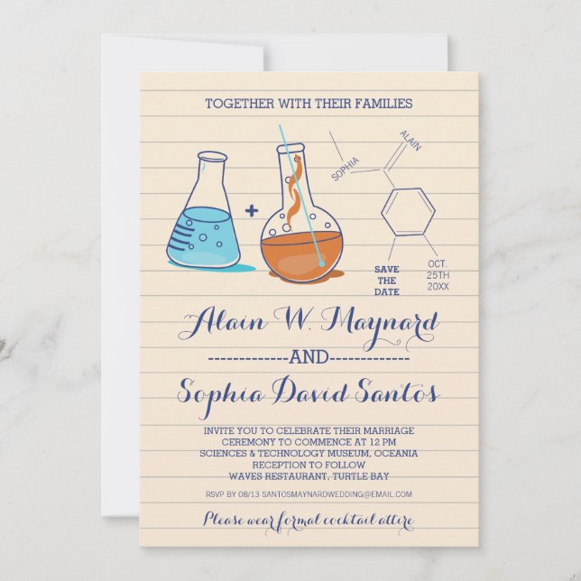 Blue and Orange Chemistry Wedding Photo Invites (Front)