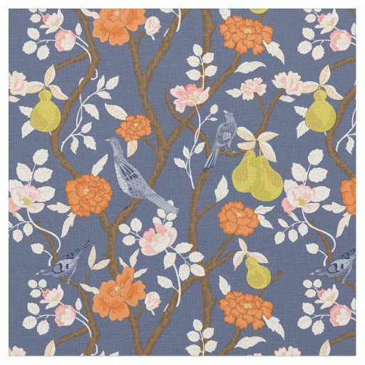 Blue and Orange Chinoiserie Birds Fabric
