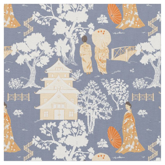 Blue and Orange Chinoiserie Pagodas Fabric (Close Up)