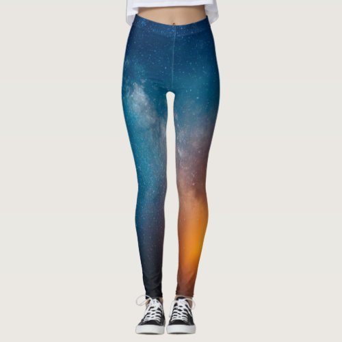 Blue and Orange Colorful Nebula Milky Way Galaxy Leggings