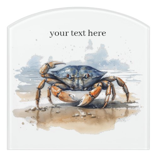 blue and orange crab walking on the beach  door sign