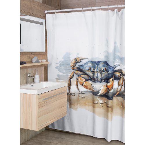 blue and orange crab walking on the beach  shower curtain