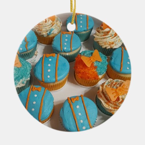 Blue and Orange Cupcakes Christmas Ceramic Ornament