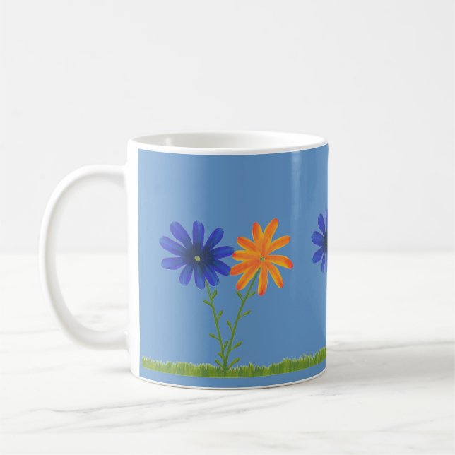 Blue and Orange Daisy Flowers with Grass, Mugs (Left)