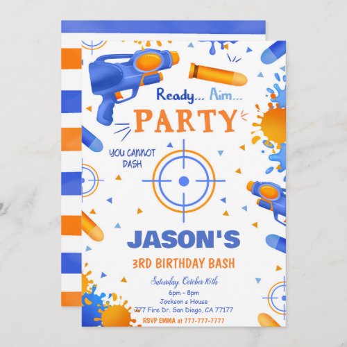 Blue and Orange Dart Gun Birthday Invitation