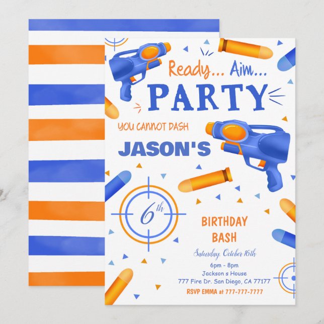 Blue and Orange Dart Gun Invitation (Front/Back)