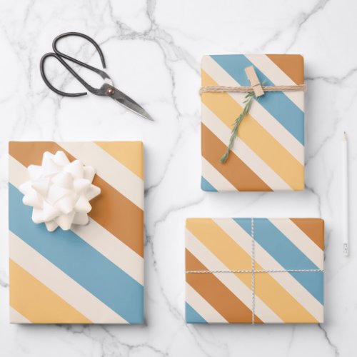 Blue and Orange Diagonal Retro Stripes  Wrapping Paper Sheets