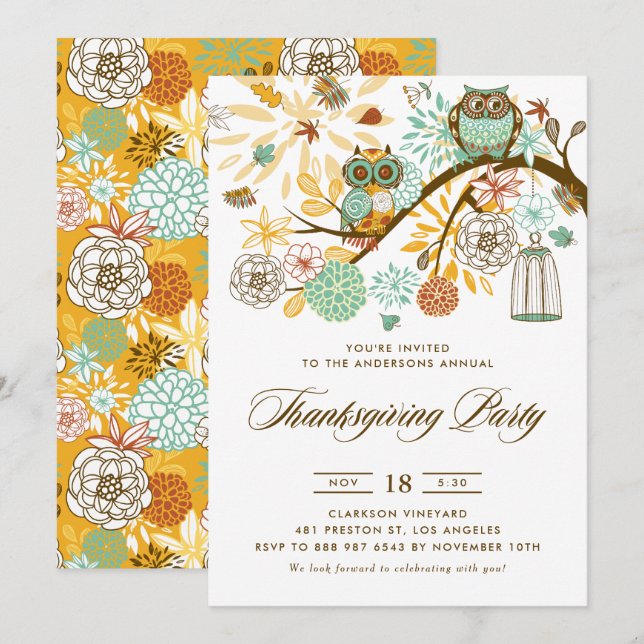 Blue and Orange Festive Owls Thanksgiving Party Invitation (Front/Back)