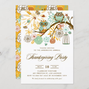 Blue and Orange Festive Owls Thanksgiving Party Invitation