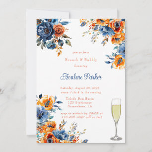 Blue and Orange Floral Brunch & Bubbly Invitation