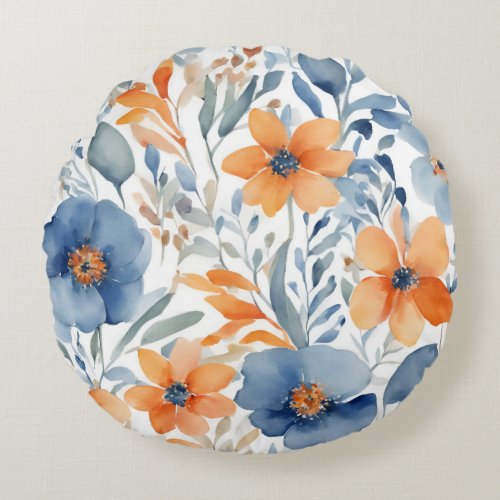 Blue And Orange Floral Pattern Round Pillow