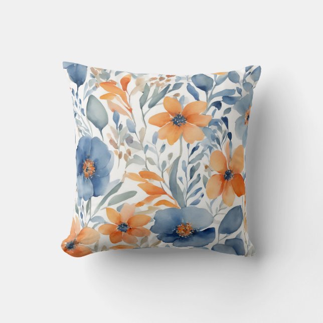 Blue And Orange Floral Pattern Throw Pillow (Front)