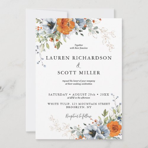 Blue and Orange Floral Wedding Invitation