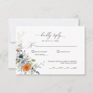 Blue and Orange Floral Wedding RSVP Card