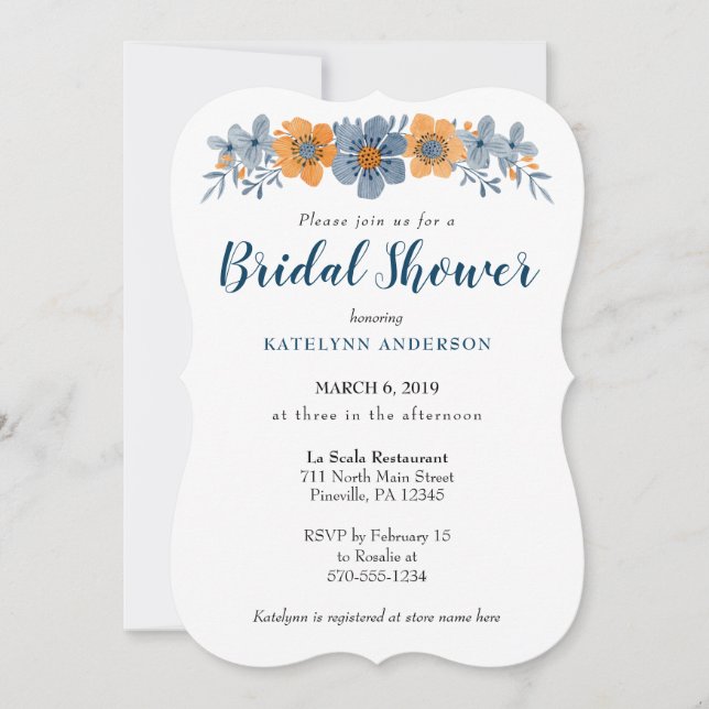 Blue and Orange Flower Bridal Shower Invitations (Front)