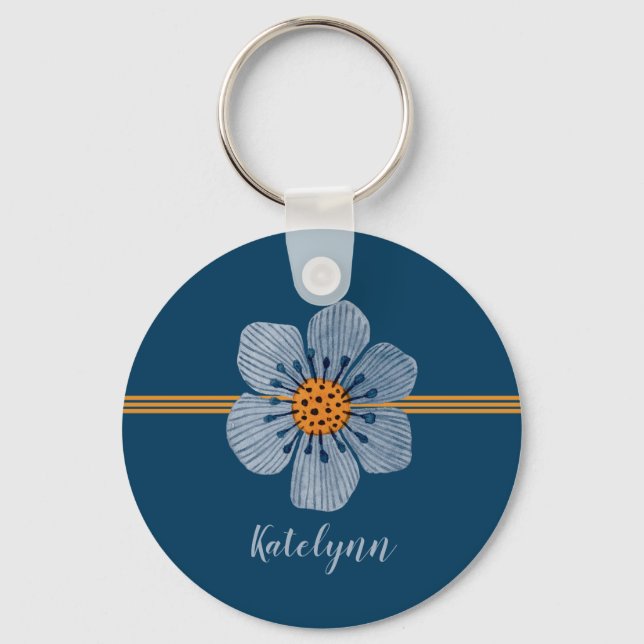 Blue and Orange Flower Personalized Keychain (Front)