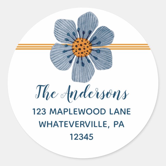 Blue and Orange Flower Round Address Labels (Front)