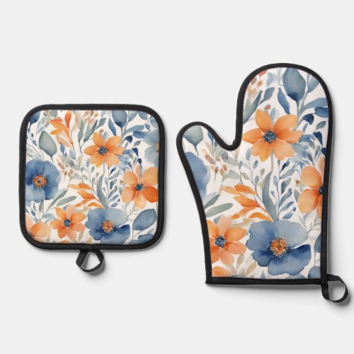 Blue and Orange Flowers Oven Mitt  Pot Holder Set