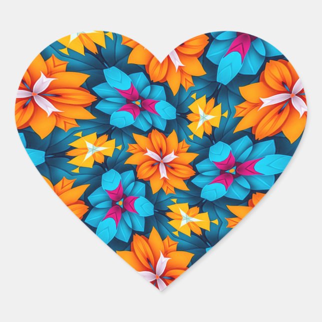 Blue and Orange Flowers Pattern Heart Sticker (Front)