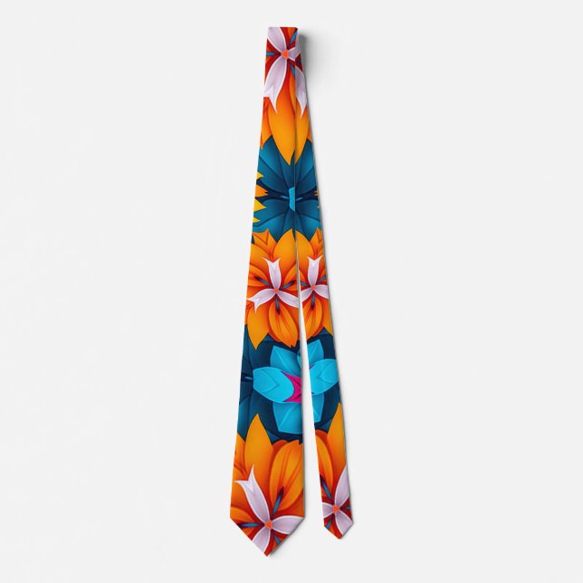 Blue and Orange Flowers Pattern Neck Tie (Front)