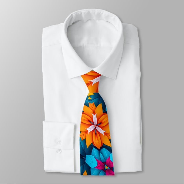 Blue and Orange Flowers Pattern Neck Tie (Tied)