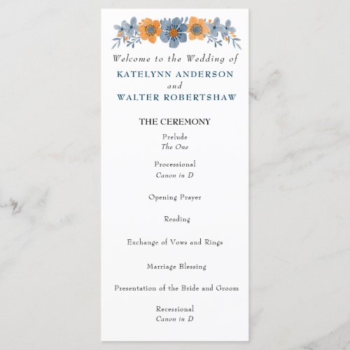 Blue and Orange Flowers Wedding Program