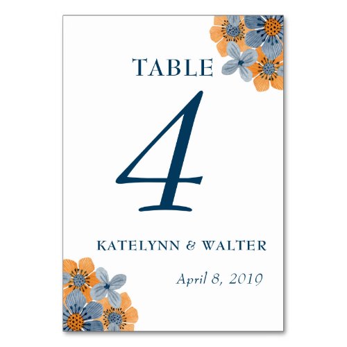 Blue and Orange Flowers Wedding Table Number