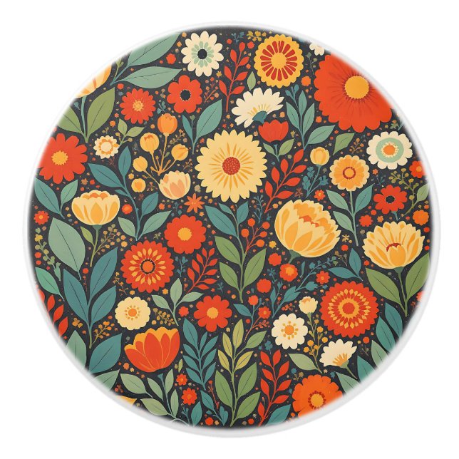 Blue and Orange Folk Art Flowers Ceramic Knob (Front)