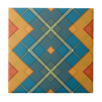Blue And Orange Geometric Mosaic Checkered Pattern Ceramic Tile