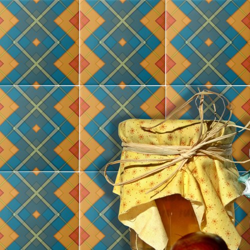 Blue And Orange Geometric Mosaic Checkered Pattern Ceramic Tile