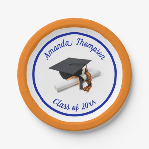 Blue and Orange Graduation Cap and Tassel  Custom Paper Plates