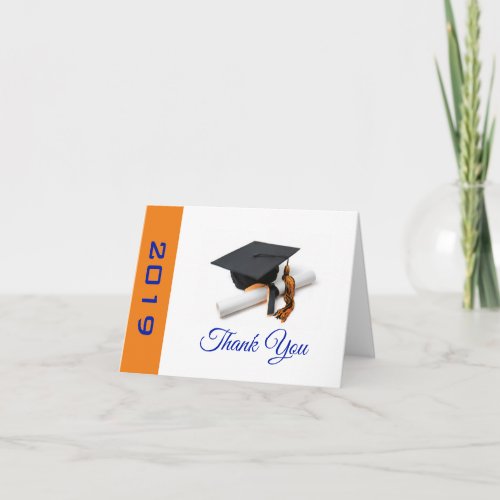Blue and Orange Graduation Cap and Tassel Thank You Card
