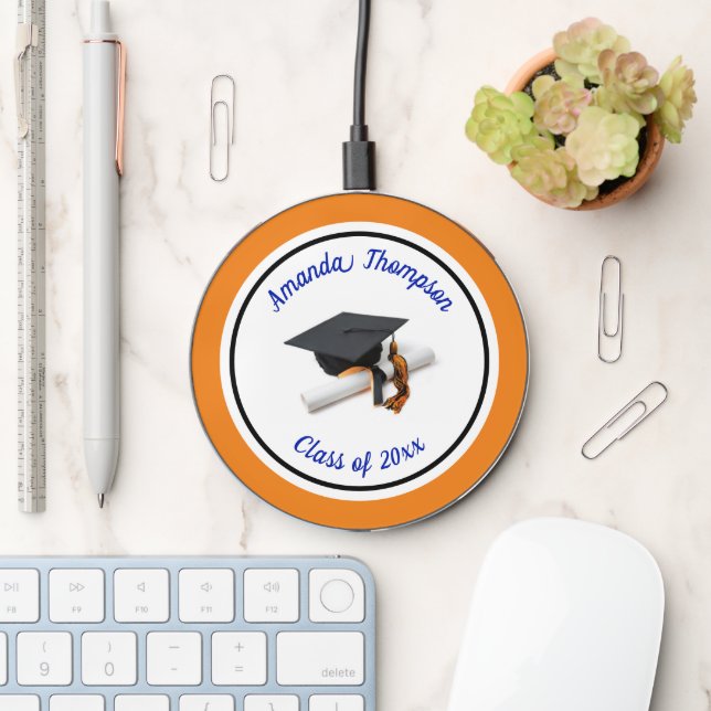 Blue and Orange Graduation Cap and Tassel Wireless Charger (Desk)