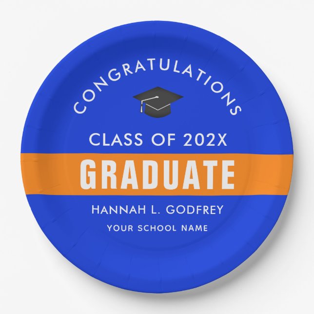 Blue and Orange Graduation Congrats Custom Paper Plates (Front)