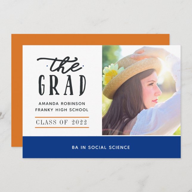 Blue and Orange Graduation Photo Announcement (Front/Back)