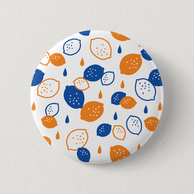 Blue and Orange Lemon Pattern Playful Fruit-Themed Button (Front)