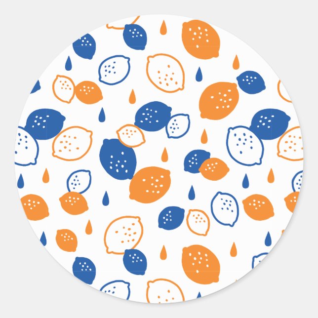 Blue and Orange Lemon Pattern Playful Fruit-Themed Classic Round Sticker (Front)