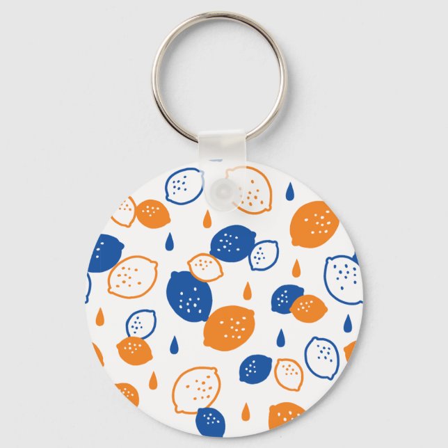 Blue and Orange Lemon Pattern Playful Fruit-Themed Keychain (Front)